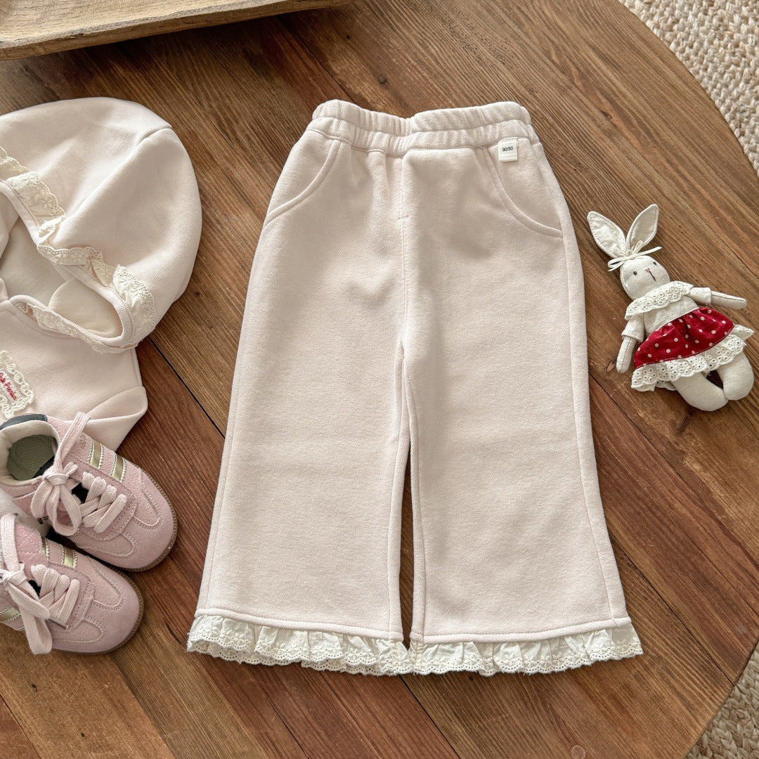 Sweet Little Girl Outfit Autumn New Fashionable Children's Lace Hooded Two-Piece Set Jacket Baby Pants