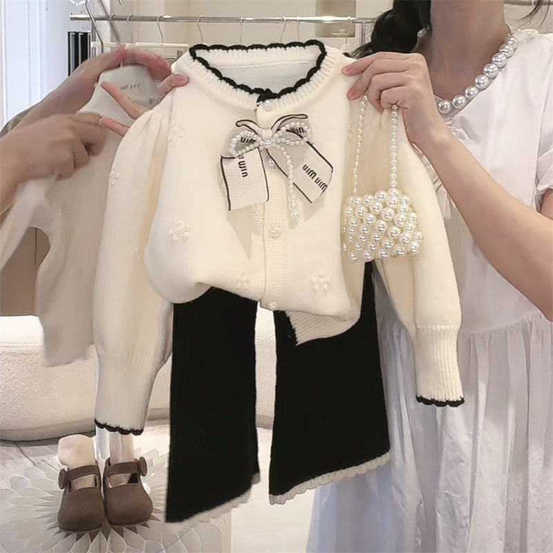 Sweet Little Girl Autumn Outfit Set25Spring and Autumn Korean Style Girl Little Chanel Style Sweater Jacket Baby Girl Flared Pants