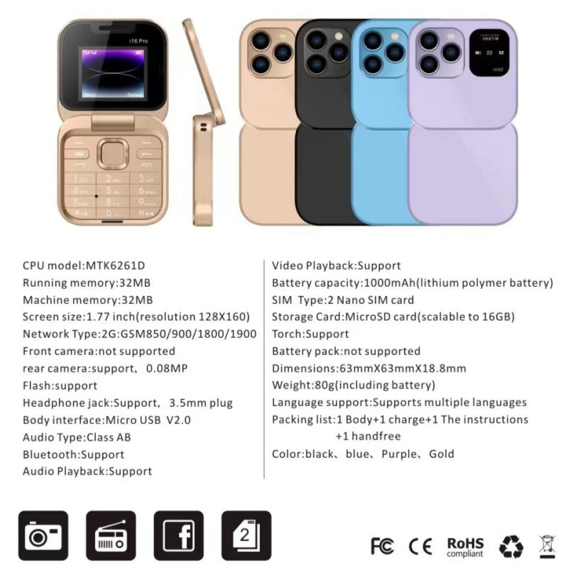 Mini Flip Phone Cross-Border i16 pro Flip Phone Dual SIM2G Button Mini Export Mobile Phone Wholesale