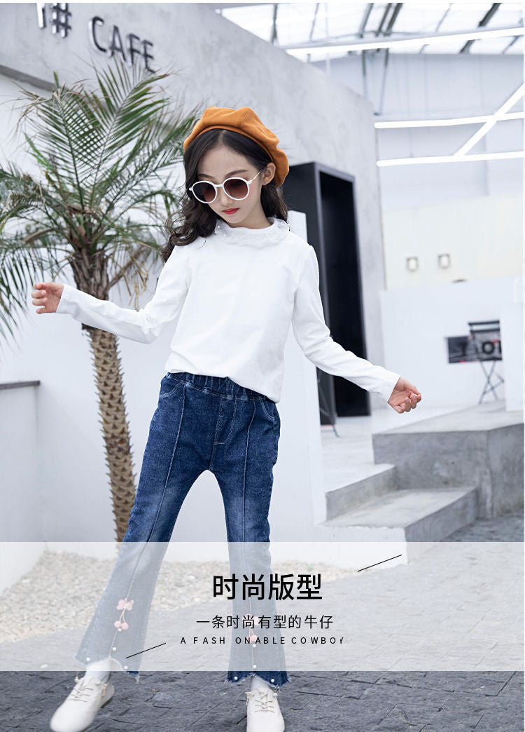 Children's Clothing Wholesale Girls' Jeans Spring and Autumn New Style Medium and Large Children's Slim Pants Baby Casual Girls' Flared Long Pants
