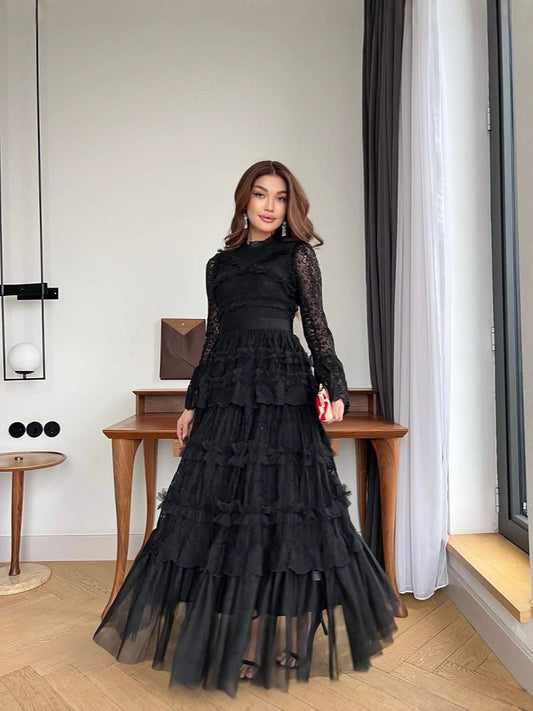 2025Early Autumn New Bell Sleeve Vintage Lace Mesh Patchwork Dress Women Slim Elegant Long Dress
