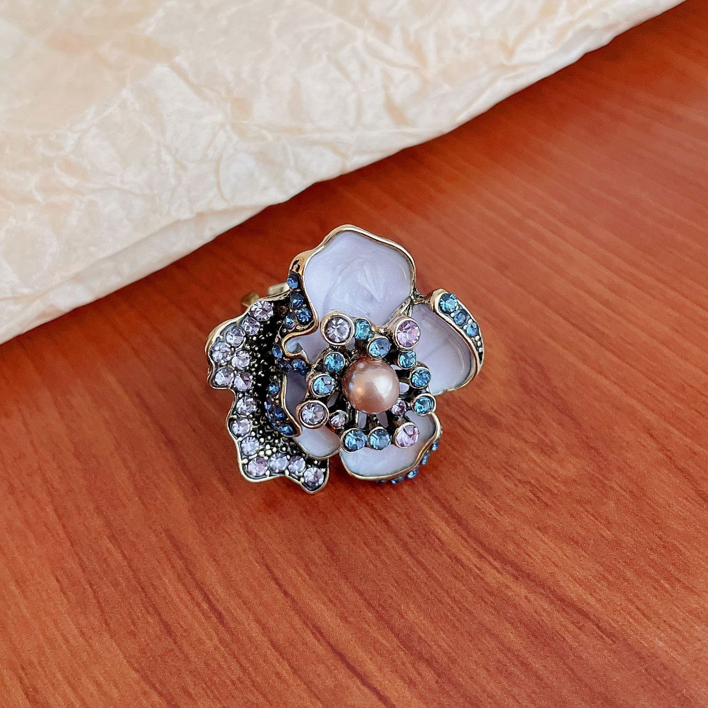 Real Gold Plated Baroque Pearl Tulip Flower Open Ring Korean Fresh Sweet Forest Style Light Luxury Jewelry
