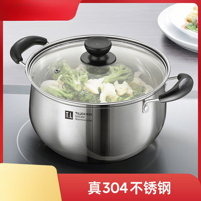 304Stainless Steel Soup Pot for Home Use, Non-Coated Instant Noodle Pot, Double Ear Small Pot, Steamer, Special for Gas and Induction Cookers