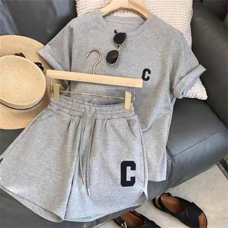 Original quality Amazon Korean style women's summer loose short sleeve T T-shirt shorts sports embroidered letter casual set
