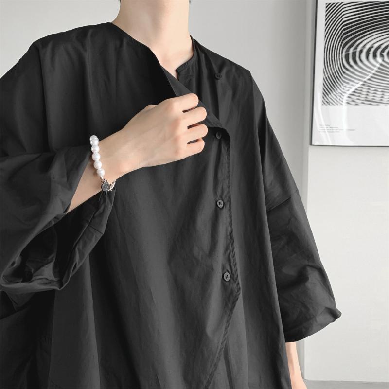 300Plus Size Unique Design Three-Quarter Sleeve Shirt for Men Summer Short Sleeve Cool Japanese Style ins Irregular Top