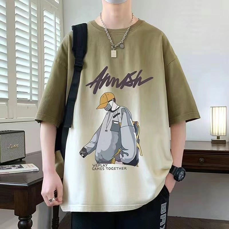 2025Summer New Men's Youth Casual Stylish Trendy Loose Short Sleeve T Shirt Gradient Color for Middle and High School Students