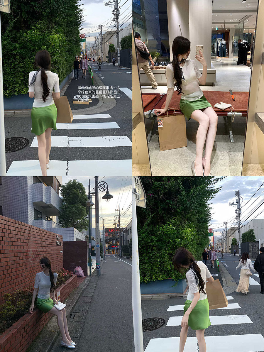 White Water Bamboo Shoots Scarlett's Skirt Satin Bias Cut Half Skirt for Women Summer High-End Korean Style Elegant Slim Short Skirt