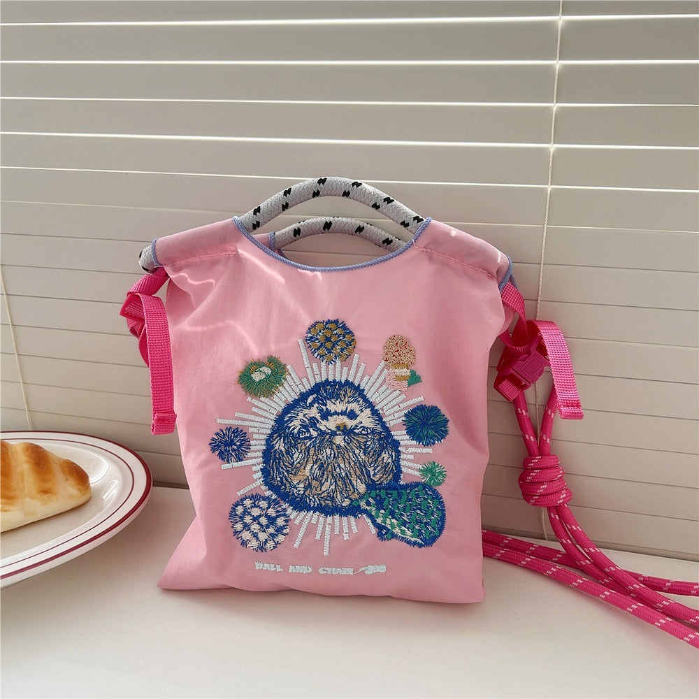 Japanese Style BallChain Same Style Eco-Friendly Embroidered Shopping Bag Nylon Fabric Floral Handheld Niche Fashion Shopping Bag
