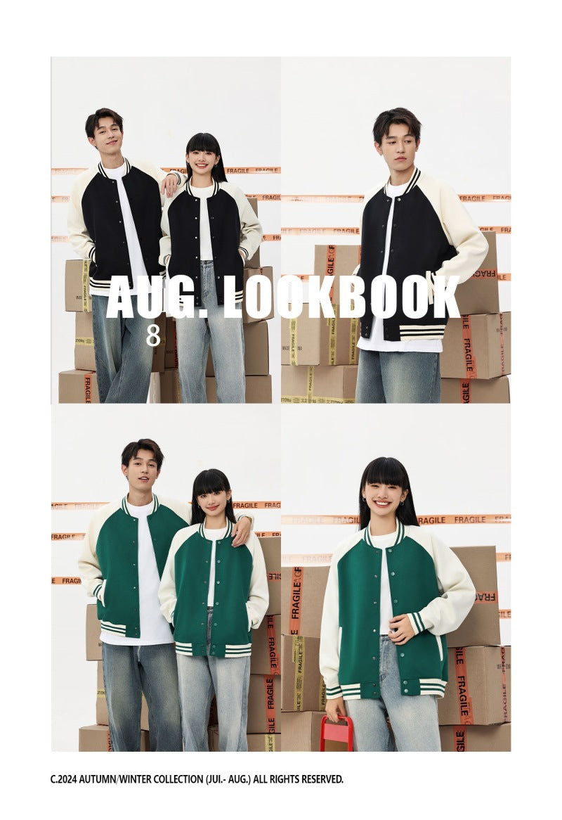 380g Trendy American Style Raglan Baseball Jacket Custom Spring Autumn Unisex Color Block Cardigan Workwear with Printing logo