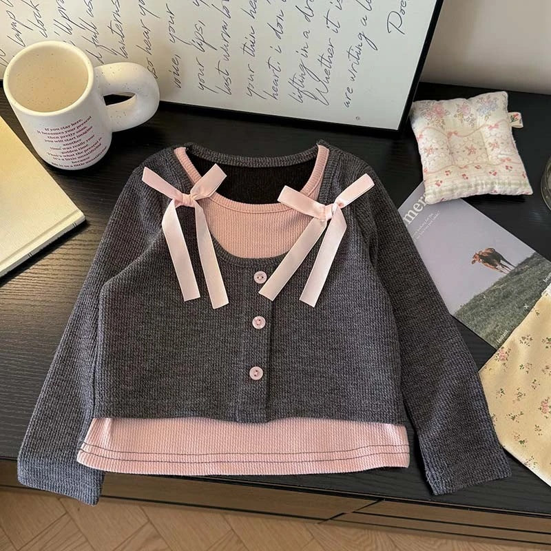 Sweet Little Girl's Sweet and Versatile Fake Two-Piece T Shirt Top25Spring New Korean Style Children's Fashionable Base Shirt