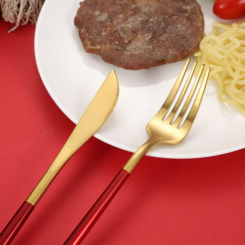 Cross-Border304Stainless Steel Portuguese Cutlery Set Knife Fork Spoon Round Handle Thick Western Cutlery Nordic Hotel Steak Knife