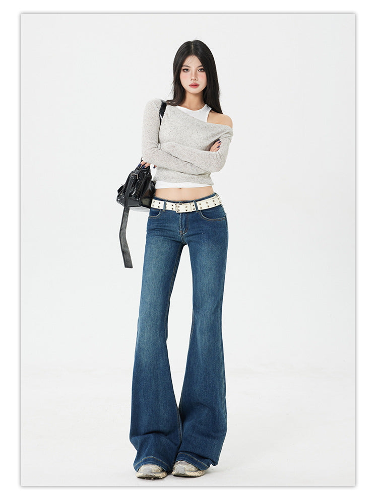 American Style Spicy Girl Retro Flared Jeans for Women Spring and Autumn2025New dark blue low-waist wide-leg floor-length pants