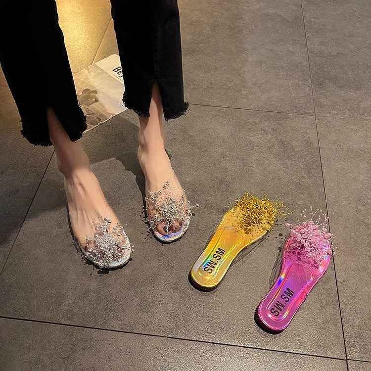 Sparkling Silver Transparent Beaded Closed-Toe Mules for Women2024Summer Internet Celebrity Super Popular Sandals Slippers