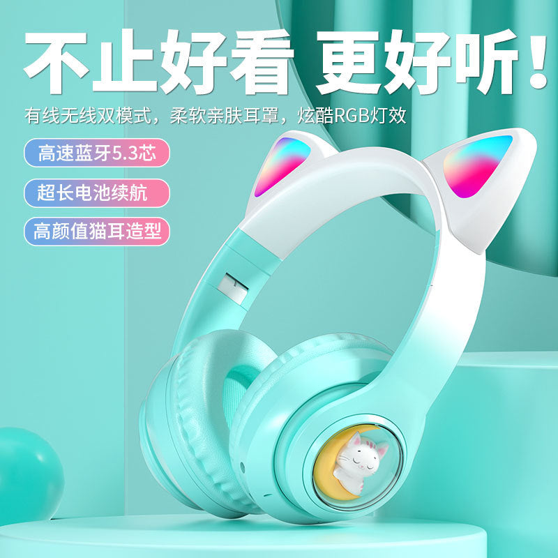 Space Capsule Cat Ear Bluetooth Headphones5.3Head-mounted Cute Glowing Cross-border Hot Item STN28S Ultra-long life battery