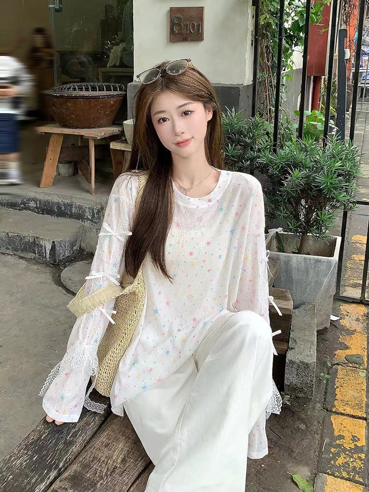Dopamine Star Sun Protection Long Sleeve Knit Top Autumn2024New Loose Bowknot Design Niche Top