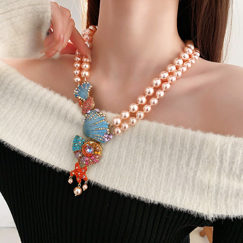 Medieval vintage Necklace with Inlaid Diamonds, Oil Drop Shell Conch Pearl Necklace, Exaggerated Vintage Jewelry Manufacturer Wholesale
