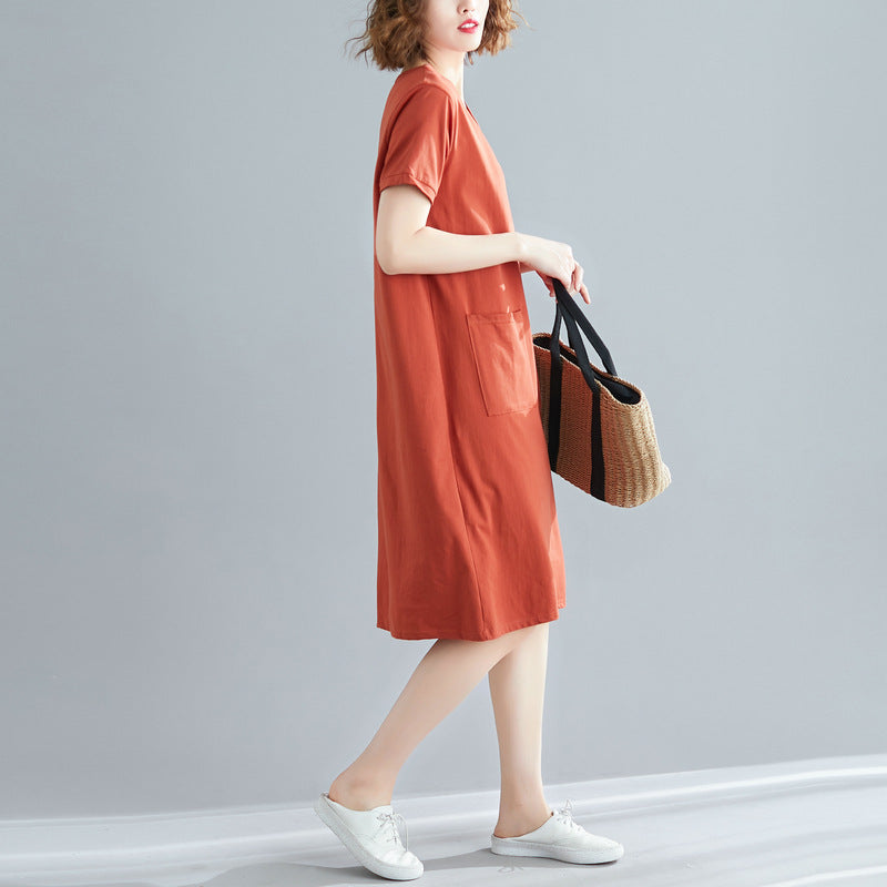 Plus Size Women's Summer Loose Korean Style Mid-Length Dress T Shirt and Skirt for Plus Size mm Solid Color V Collared Slimming Short Sleeve Dress