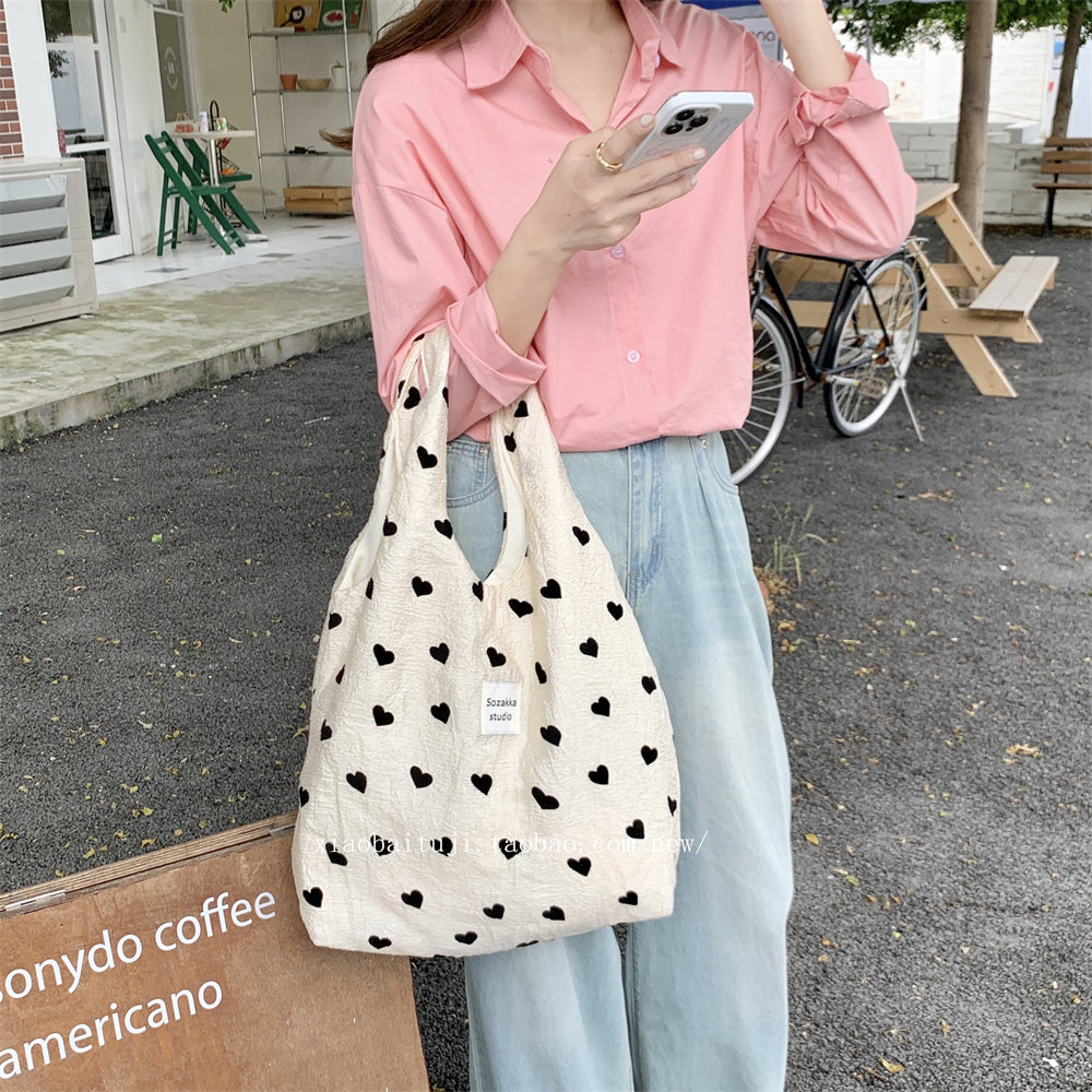 Little White Rabbit Desk New Textured Heart Canvas Single Shoulder Vest Bag Large Capacity Handbag for Women Underarm Small Win Shuo
