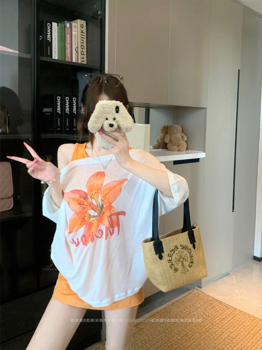 Korean style sweet floral letter print short sleeve T Women's Summer T-shirt2025New off-shoulder design casual top