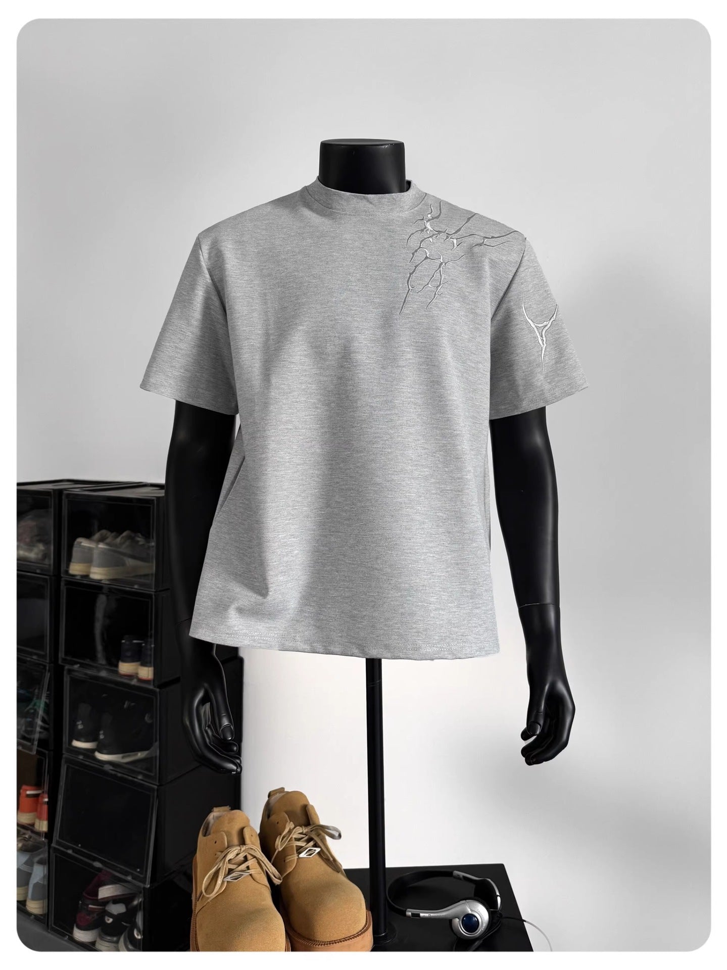 Lightning Embroidered Short Sleeve t Men's Summer New Loose American Retro High Street Round Neck Half Sleeve T-Shirt