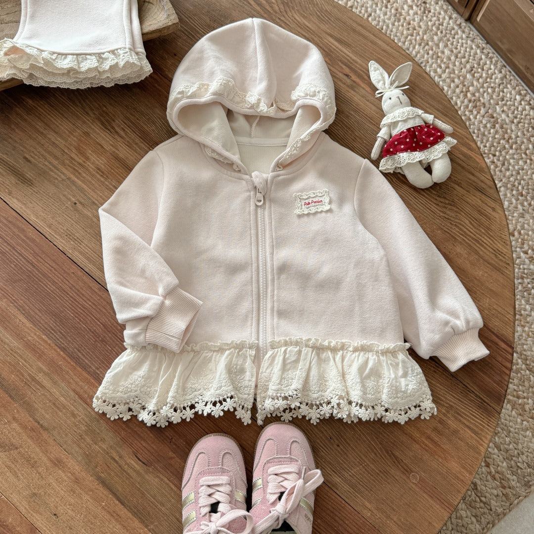 Sweet Little Girl Outfit Autumn New Fashionable Children's Lace Hooded Two-Piece Set Jacket Baby Pants