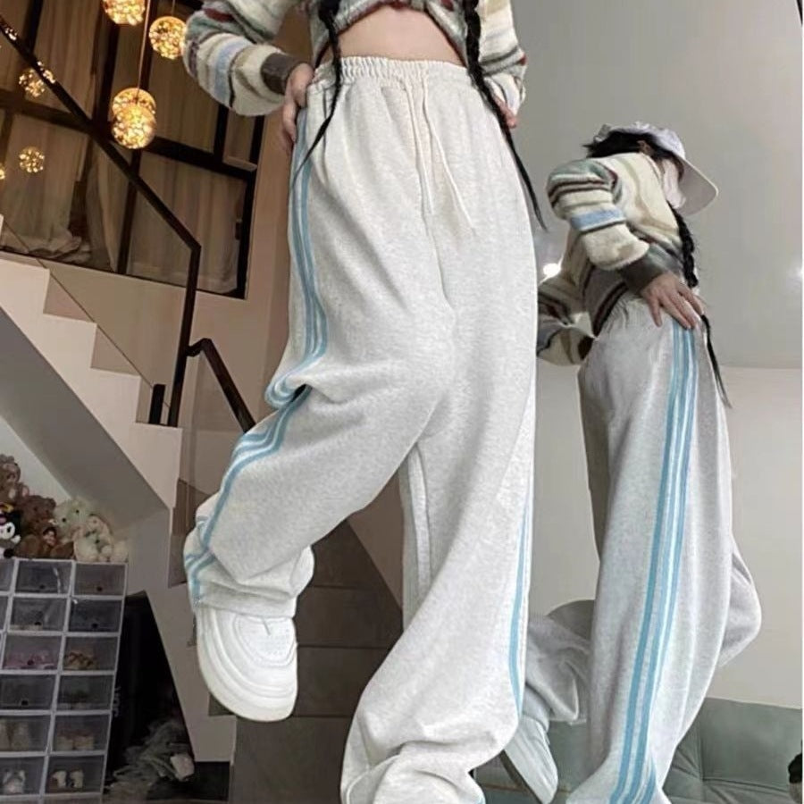 Melard Wide-Leg Pants for Women, Autumn and Winter New Loose Slimming Versatile American Style Striped Casual Sports Sweatpants