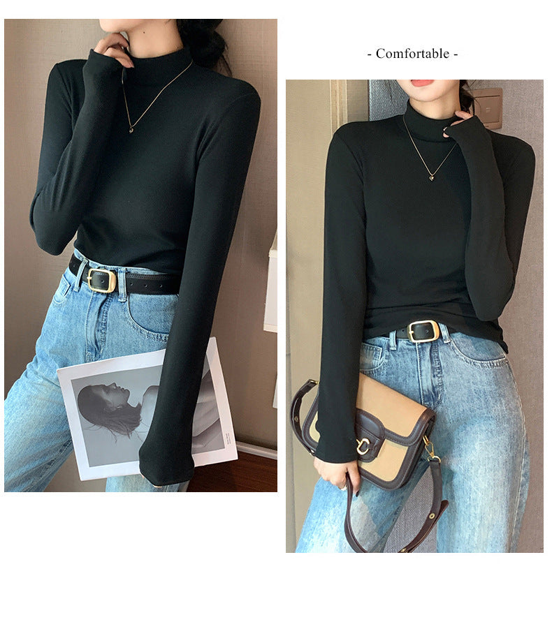 Half Turtleneck Double-Sided Thermal Base Shirt for Women, Spring and Autumn Style, Stylish Inner Wear, Solid Color, Fleece-Lined, Thickened, Warm Long-Sleeve Top