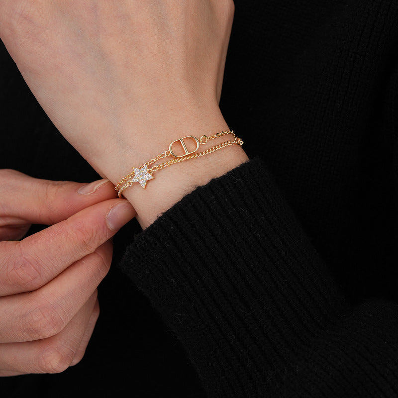 Zircon Star Pig Nose Double Layer Bracelet Niche Light Luxury High-end Versatile Fashion Commuting Vintage Jewelry