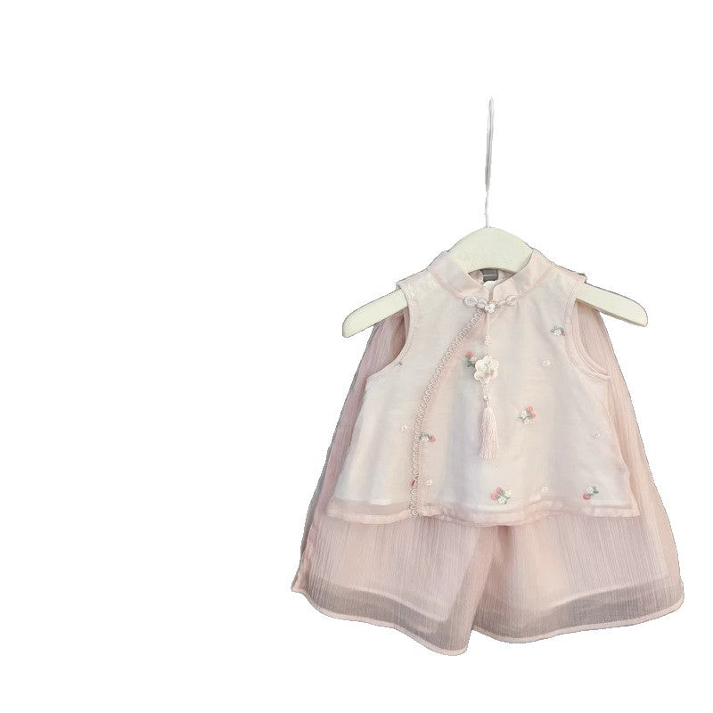 Sweet Little Girl Summer Outfit New Baby Chinese Style Top Wide-Leg Pants Summer Fashion Chinese Two-Piece Set
