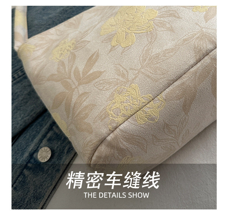 Lady's New Chinese Style Starlight Dream Tote Bag Black Shoulder Bag Embroidered Flower Vintage Handbag