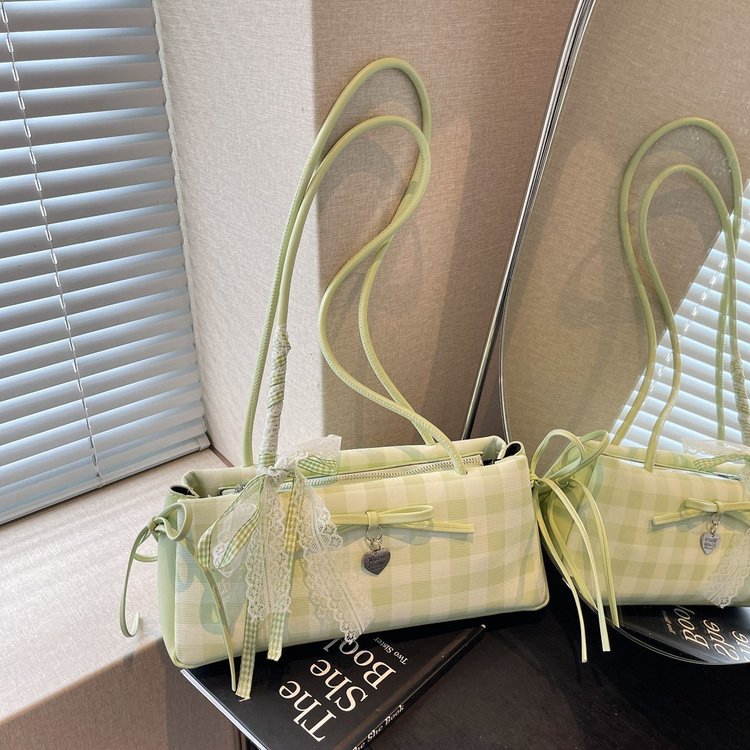 Dopamine Plaid Handbag Small Tote Bag for Women Summer2025New Ballet Style Bow Baguette Bag Underarm Bag Trendy