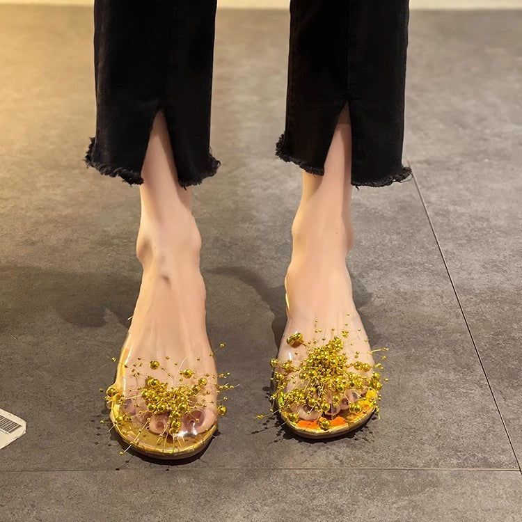 Sparkling Silver Transparent Beaded Closed-Toe Mules for Women2024Summer Internet Celebrity Super Popular Sandals Slippers