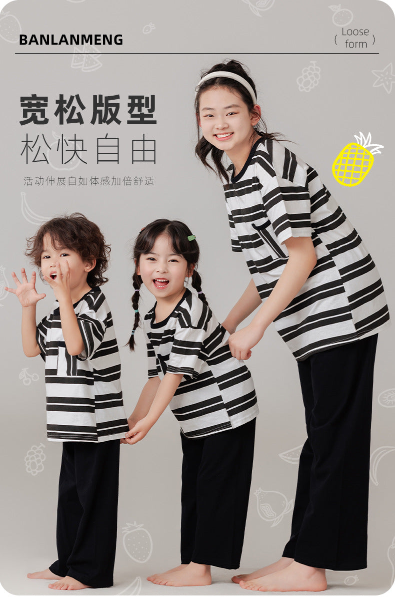 Parent-Child Cotton Homewear Summer Style Children's Short Sleeve Long Pants Set Cartoon Air Conditioning Clothing Sweat-Absorbing Printed Pajamas Couple Outfit
