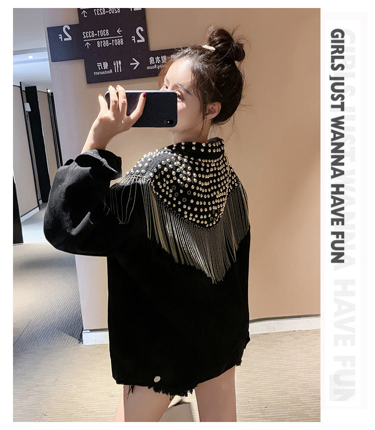 European and American New Style Tassel Heavy Embellished Rhinestone Rivet Long Sleeve Korean Version Loose Slimming Fashion Beaded Denim Jacket for Women