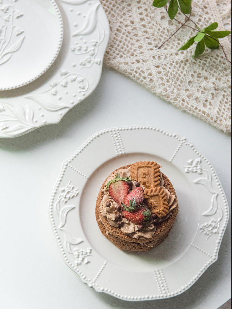 American Relief Lily of the Valley Series Lace Ceramic Western Pasta Plate Pastry Dessert Plate Deep Plate Household Dish Plate