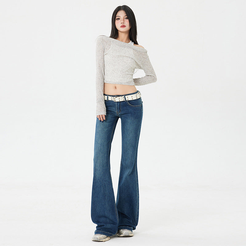 American Style Spicy Girl Retro Flared Jeans for Women Spring and Autumn2025New dark blue low-waist wide-leg floor-length pants