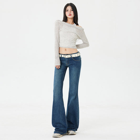 American Style Spicy Girl Retro Flared Jeans for Women Spring and Autumn2025New dark blue low-waist wide-leg floor-length pants