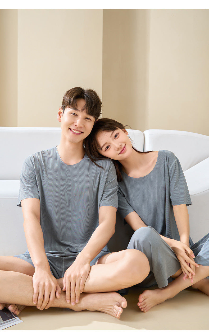 Couple Pajamas Women's Round Neck Short Sleeve Pajama Set Summer Shorts Men's Thin Seamless Ice Silk Homewear Wholesale
