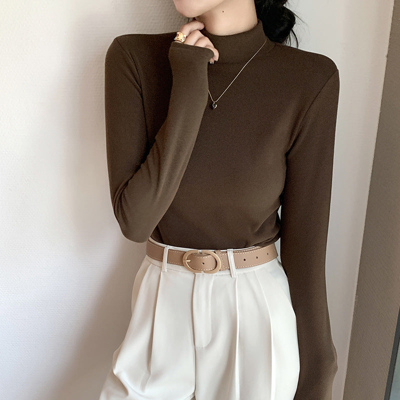 Half Turtleneck Double-Sided Thermal Base Shirt for Women, Spring and Autumn Style, Stylish Inner Wear, Solid Color, Fleece-Lined, Thickened, Warm Long-Sleeve Top