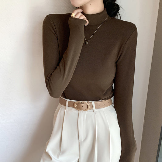 Half Turtleneck Double-Sided Thermal Base Shirt for Women, Spring and Autumn Style, Stylish Inner Wear, Solid Color, Fleece-Lined, Thickened, Warm Long-Sleeve Top