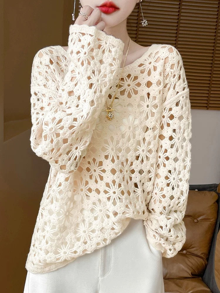 Early Autumn Crochet Hollow Solid Color V Lazy Style Soft Wool Knitted Pullover Top Slimming