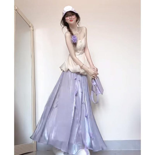 Pure Desire Sweet Spicy Girl Set for Women Summer Flower Bud Strap Top Outfit Purple Stunning Half Skirt Fashion Two-Piece Set