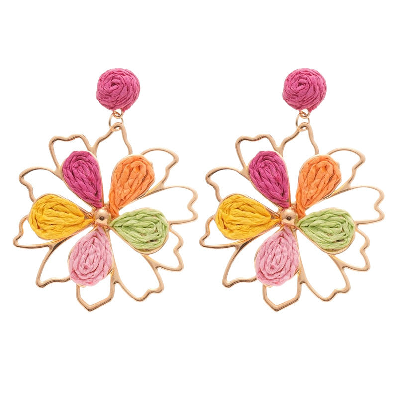 Resort Style Silver Needle Fabric Flower Tassel Earrings High-End Fashion Earrings Bohemian Sweet Exaggerated Ear Jewelry