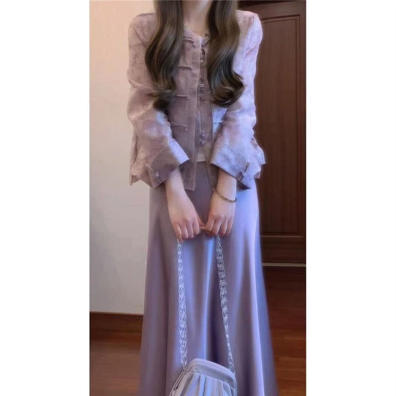 Purple Qi Dong Lai New Chinese Style National Style Purple Button Sleeveless Vest&Skirt&Round Neck Vest Set for Women in Spring