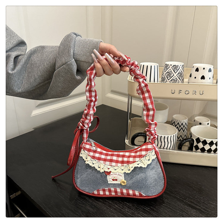 Super Popular Crossbody Bag for Women2025New Plaid Fabric Bag Wrinkled Color-Block Shoulder Bag Popular Commuter Small Square Bag