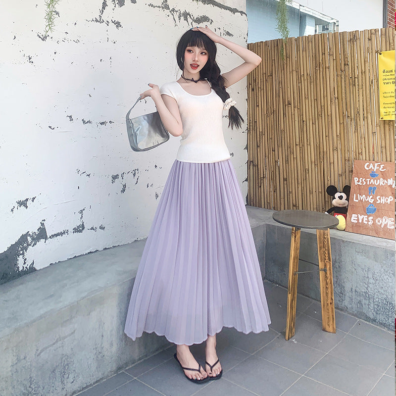 Thirteen Lines·Yunheyu Gentle Light Purple Pleated Long Skirt for Women Versatile Casual Vacation Style Draped Half Skirt