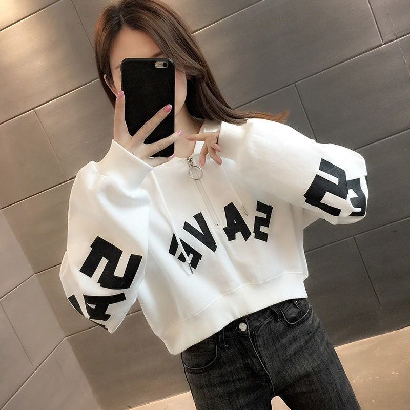 Half Zipper Hooded Short Petites Sweatshirt Women2025New Early Autumn Thin High-Waisted Stylish Streetwear Jacket Trend