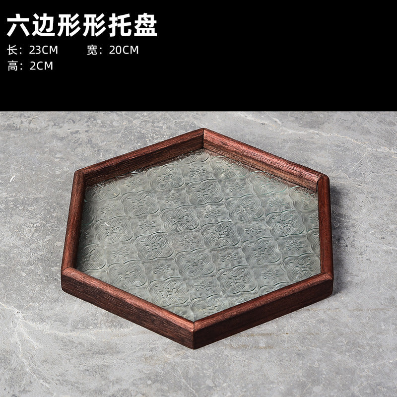 Begonia Embossed Glass Tray Walnut Color Rectangular Tea Tray Storage Ornaments Tea Water Cup Fruit Snack Plate