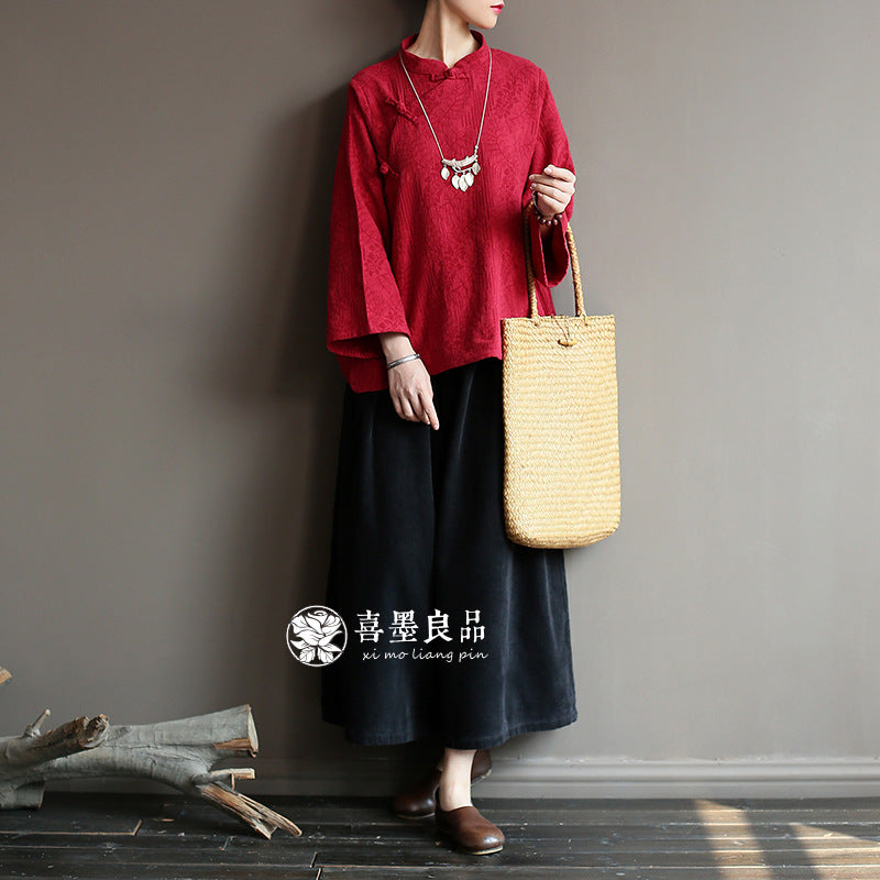 8813Xi Mo Women's Clothing Republic of China Retro Artistic Spring and Autumn New Double Layer Jacquard Button Shirt Chinese Style Short Top