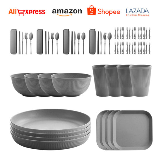 TEMU Amazon Wheat Straw Plate Bowl Cup Tableware Set Household Dining Plate Rice Bowl Water Cup Tableware Set Eco-friendly